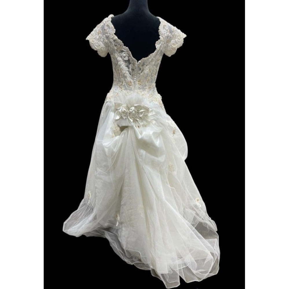Princess Ball Gown Wedding Dress Sz 16 Faux Pearl Lace Applique Off Shoulder D30 - Picture 7 of 11